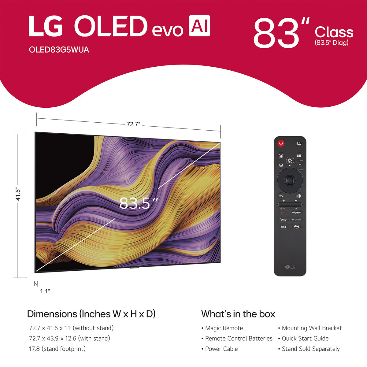 LG Class OLED evo AI G5 83 Inch 4K Smart TV with AudioQuest Sky 48 3m HDMI Cable