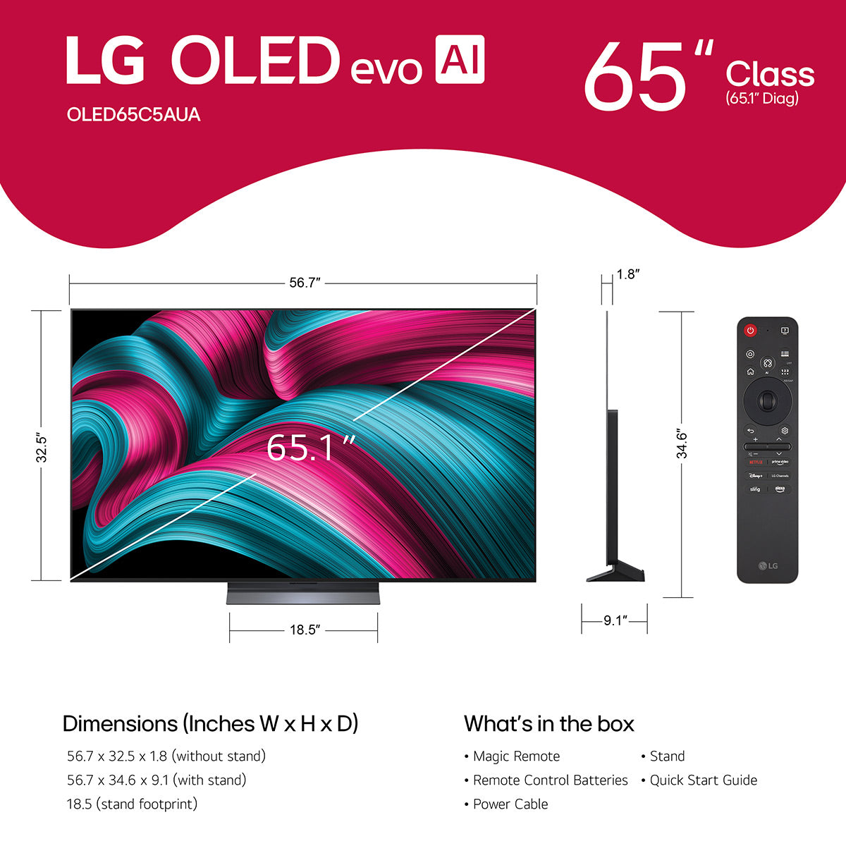 LG Class OLED evo AI C5 65 Inch 4K Smart TV with AudioQuest Sky 48 3m HDMI Cable